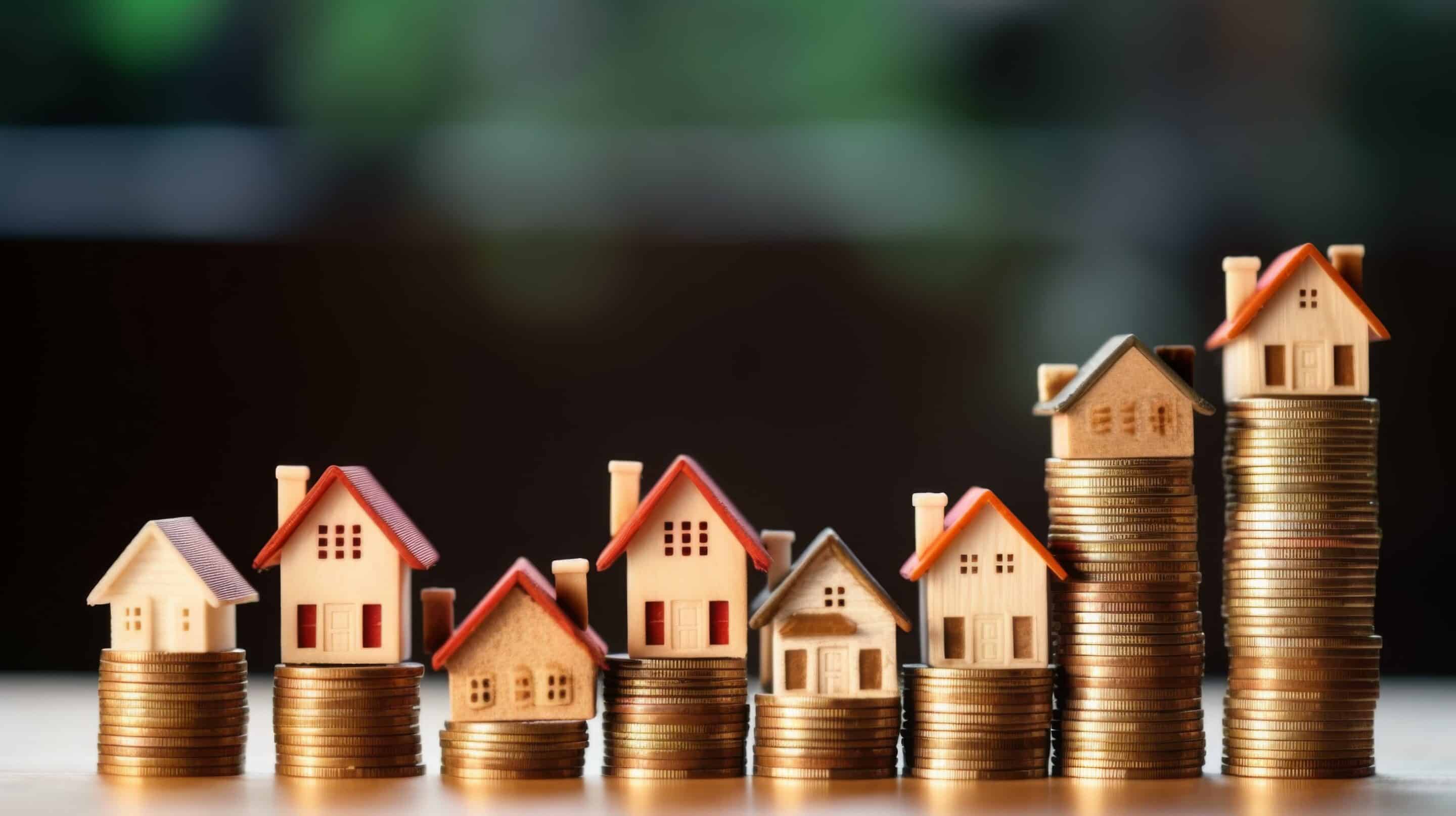 Building a $100k Passive Income Stream Through Property: The 'Property Stacking' Method Explained Mini houses on growing stacks of coins, representing how the Property Stacking Method builds wealth and $100K+ in passive income through smart real estate investing.